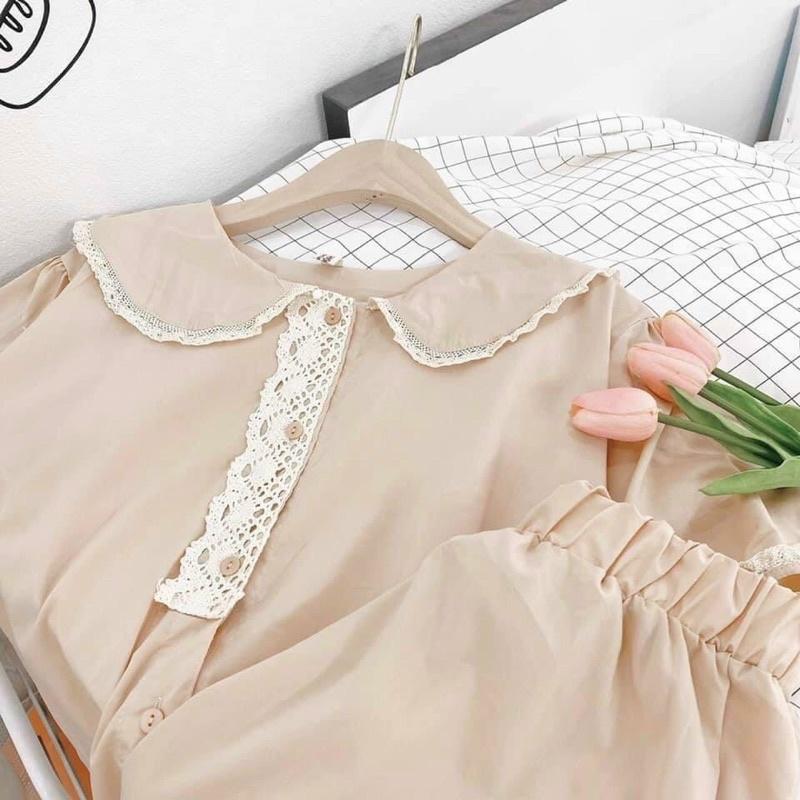 Set đồ bộ cổ sen bèo ren màu nude