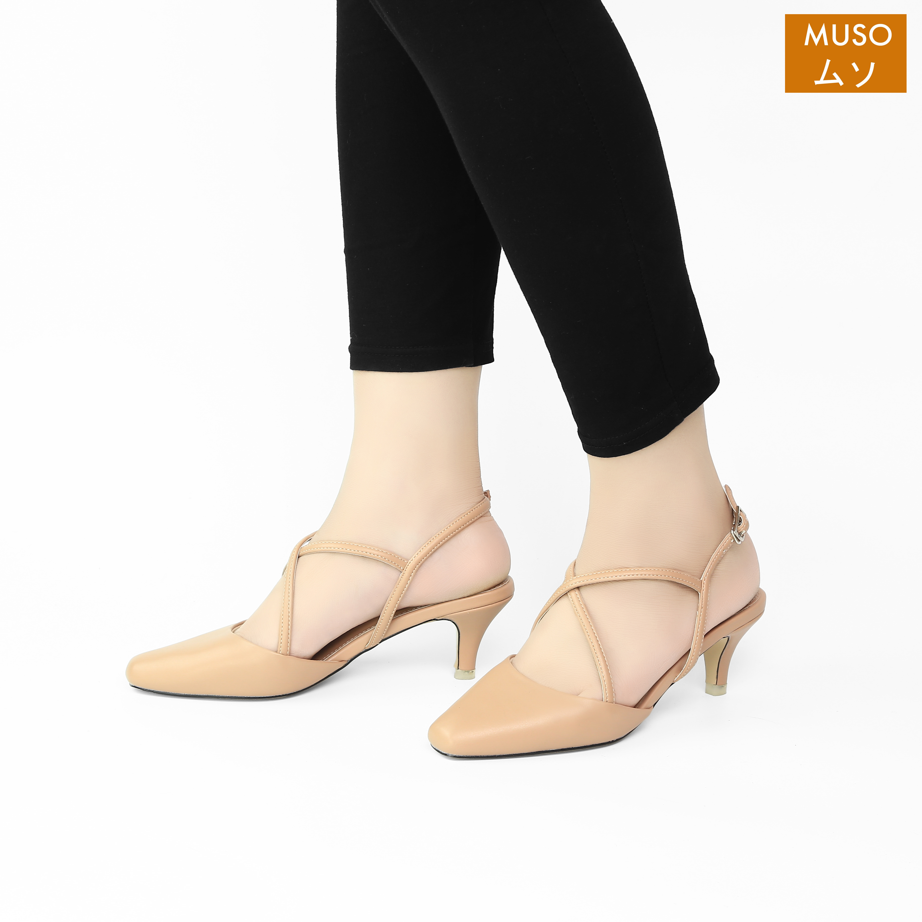 Giày Cao Gót Slingback Quai Chéo 3cm MUSO Mũi Vuông GCGMS016 - Hàng Chính Hãng