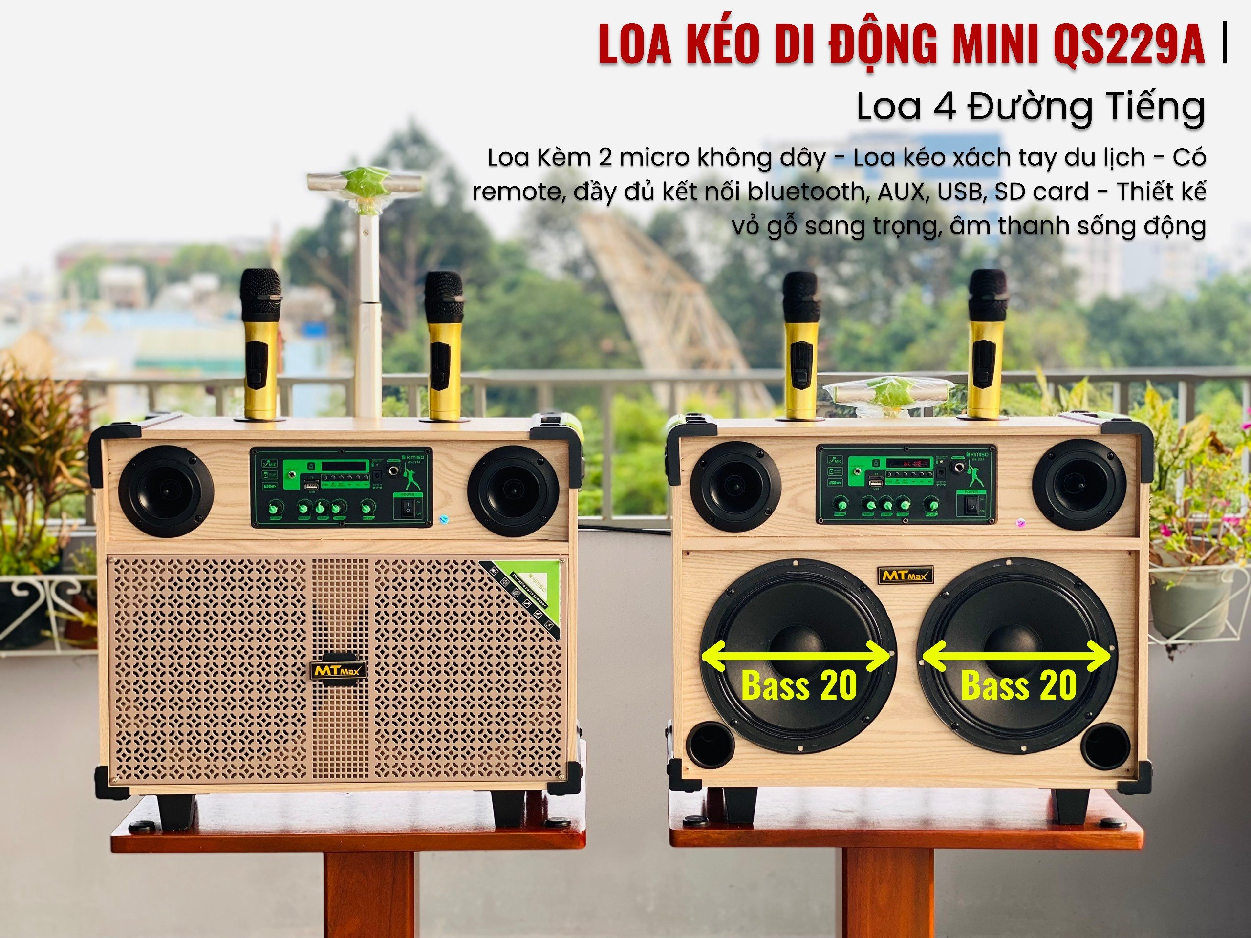 Loa kéo QS 229A - Loa kéo di động bass 2.5 tấc - Kèm 2 micro không dây - Loa kẹo kéo xách tay du lịch - Có remote, đầy đủ kết nối bluetooth, AUX, USB, SD card  - Thiết kế vỏ gỗ sang trọng, âm thanh sống động