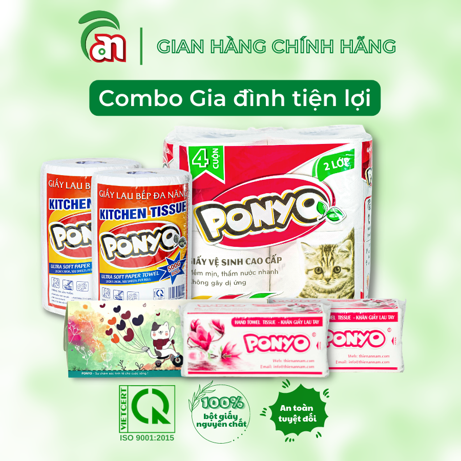 Combo PONYO gia đình tiện lợi: 1 lốc Giấy vệ sinh, 2 cuộn Khăn giấy lau bếp, 2 gói Khăn giấy lau tay và 1 Hộp Khăn giấy