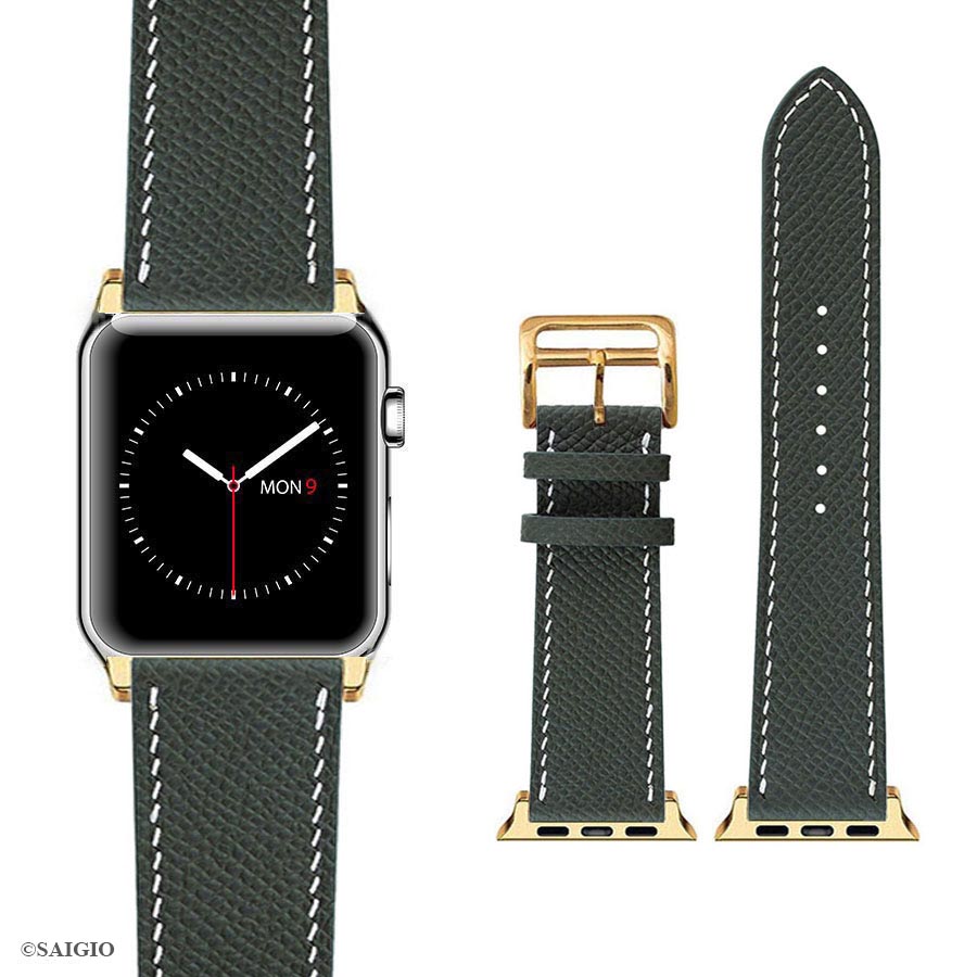 Dây Đồng Hồ Apple Watch 41mm 40mm 38mm, Chất Liệu Da Bê EPSOM Thảo Mộc Cao Cấp, Nhập Khẩu Từ Châu Âu, Dây Đeo Phong Cách Hiện Đại và Sang Trọng, Tương Thích Các Phiên Bản Series 8/7/6/5/4/3/2/1/SE/SE2 - Xanh Midnight/Chỉ Trắng - ADAPTER BẠC