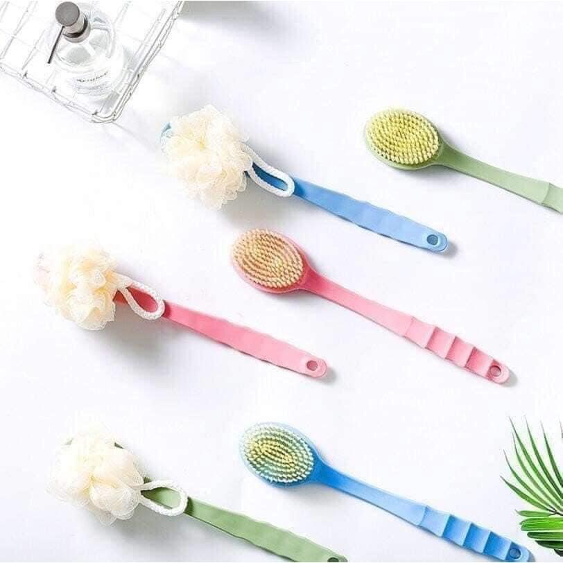 Cọ lưng kèm bông tắm tạo bọt 2 mặt, cây cọ lưng cán dài cầm tay 1mặt tẩy da chết 1 mặt tạo bọt
