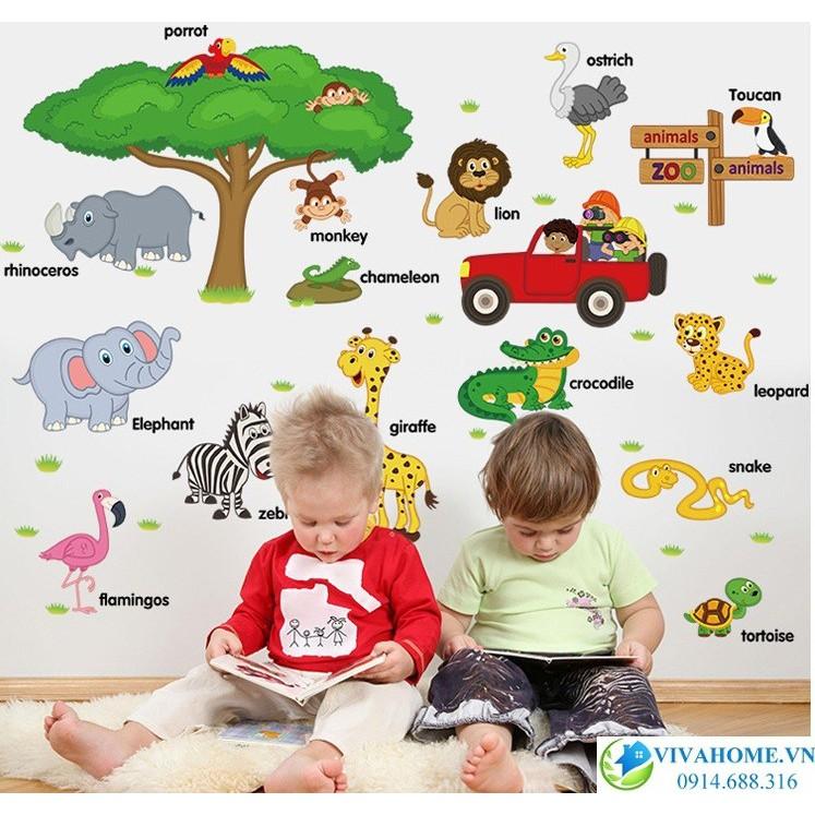 Decal dán tường động vật tiếng anh kèm đoàn tàu happy travel cực đẹp