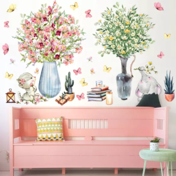 Decal trang trí tường - Chú voi và chú mèo cùng 2 bình hoa xinh