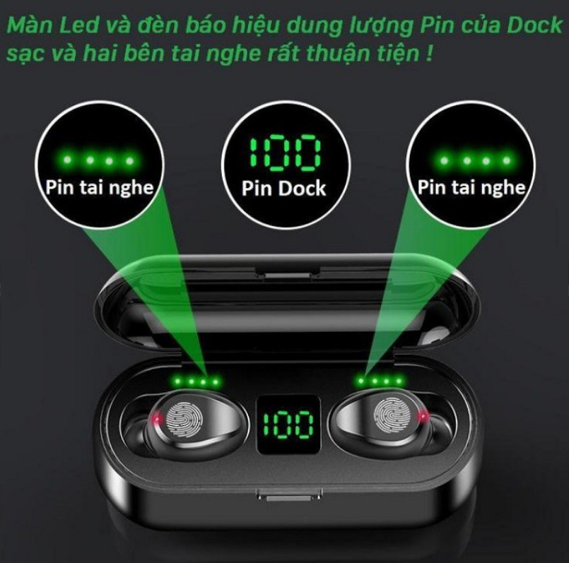 Tai Nghe Bluetooth F9 5.0 bản quốc tế pin châu Cảm Ứng Vân Tay, Dock Sạc có Led Báo Pin Kép - Hàng Nhập Khẩu