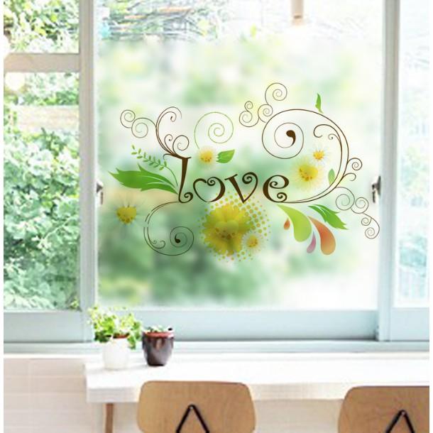 Decal dán kính cao cấp - Chữ LOVE hoa văn