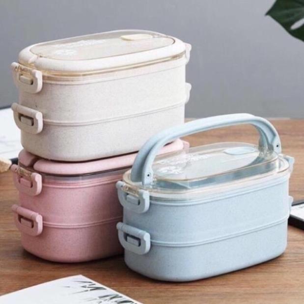 Hộp cơm lúa mạch 2 tầng có quai xách