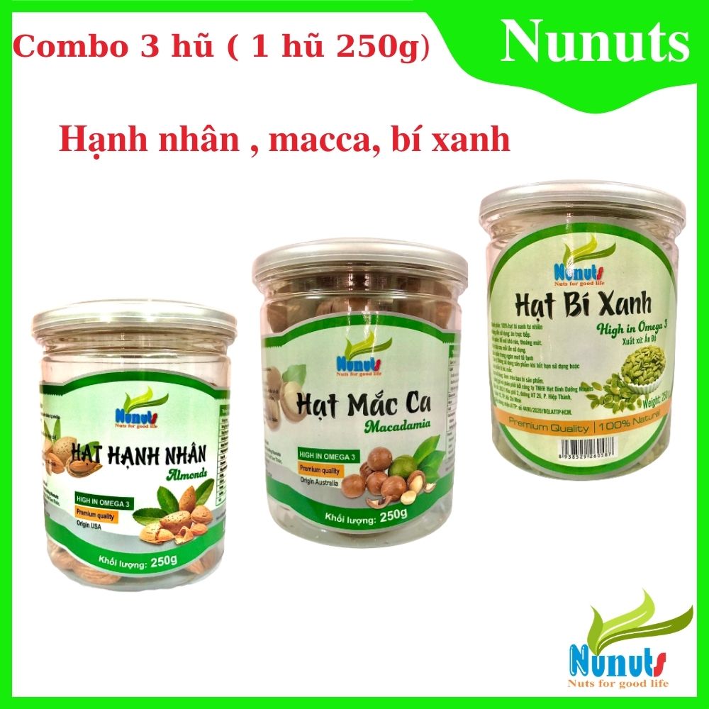 Combo 3 hũ hạt dinh dưỡng Nunuts (hạt hạnh nhân, hạt bí, hạt macca) , đã sấy giòn, ăn liền ( mỗi hũ 250g).