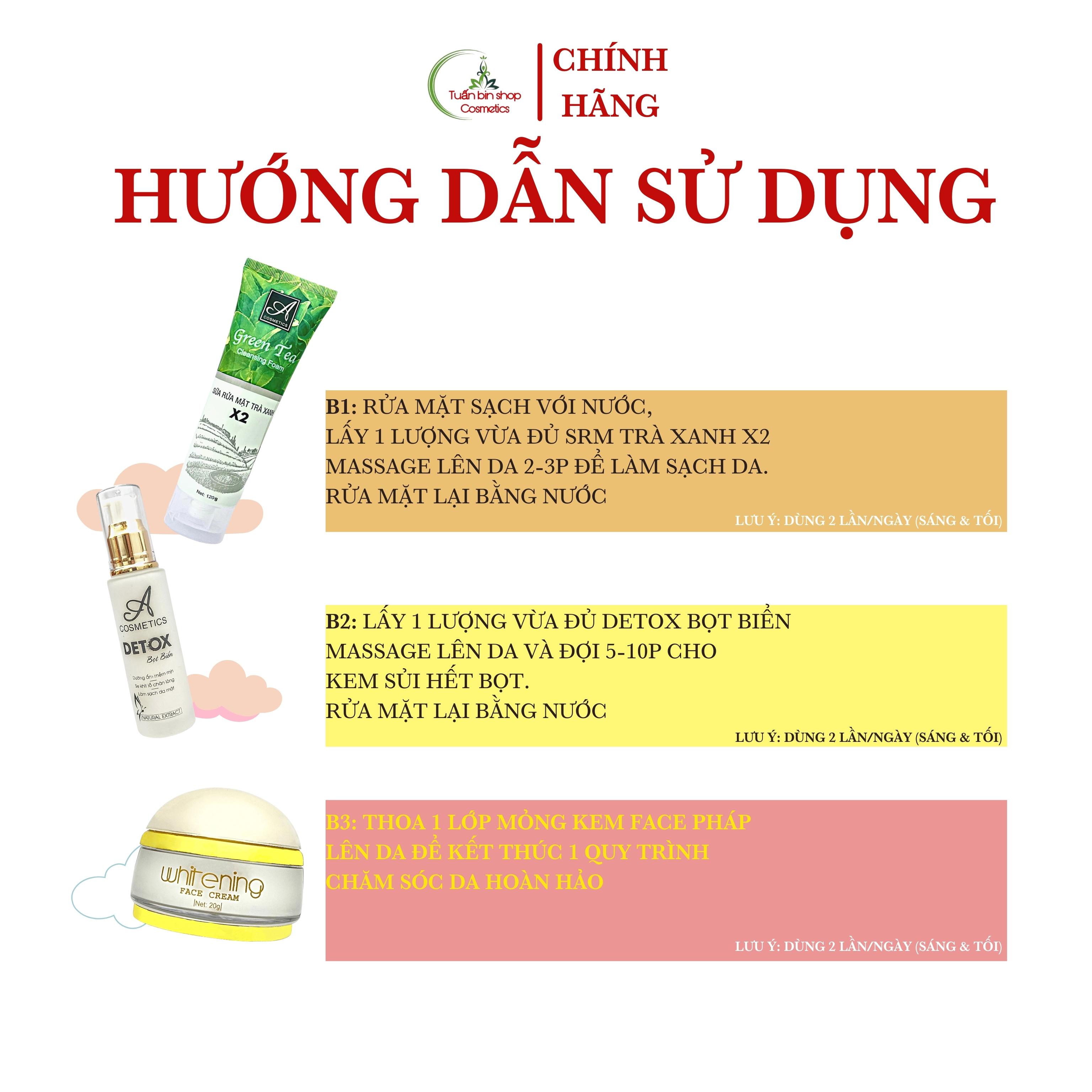 Combo dưỡng trắng mặt, kiềm dầu, thải độc da Acosmetics, kem face pháp, sữa rửa mặt trà xanh x2, detox bọt biển 190g