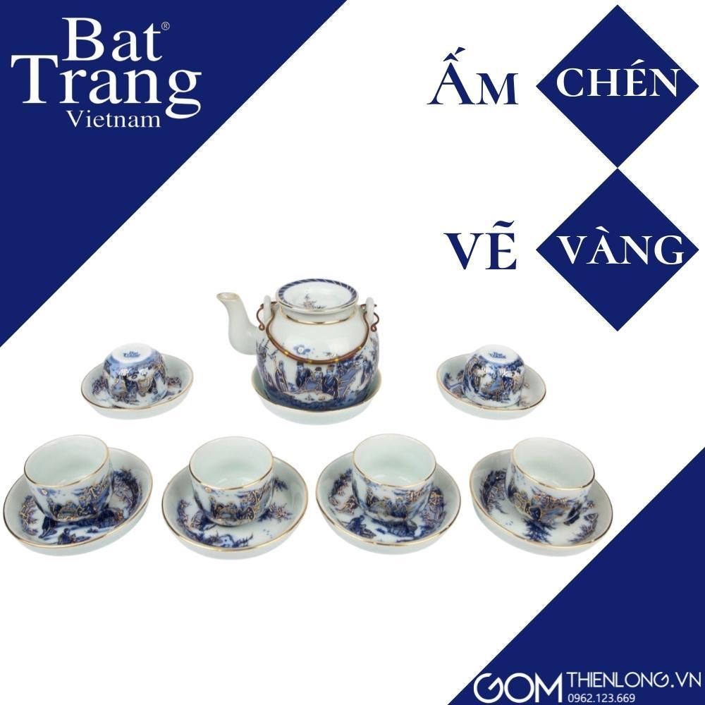 Ấm Chén Vẽ Vàng Trúc Lâm Thất Hiền - Bộ Ấm Chén Bát Tràng Cao Cấp - Gốm Thiên Long