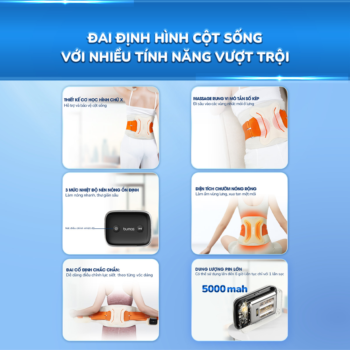 Máy Massage Lưng BUMAS M12 - Massage Rung Kết Hợp Chườm Nóng, Đai Định Hình Cột Sống