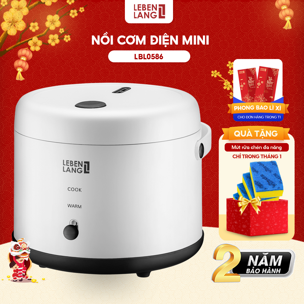 Nồi cơm điện mini Lebenlang LBL0586, dung tích 800ml nhỏ gọn, công suất 250W, thiết kế hiện đại, bảo hành 2 năm - hàng chính hãng