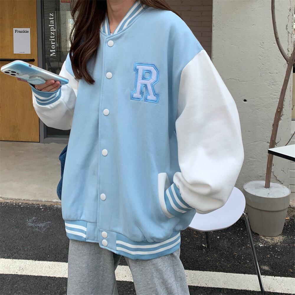 Áo khoác bomber phối tay họa tiết chữ R 2 màu xinh xắn - Moon Unisex