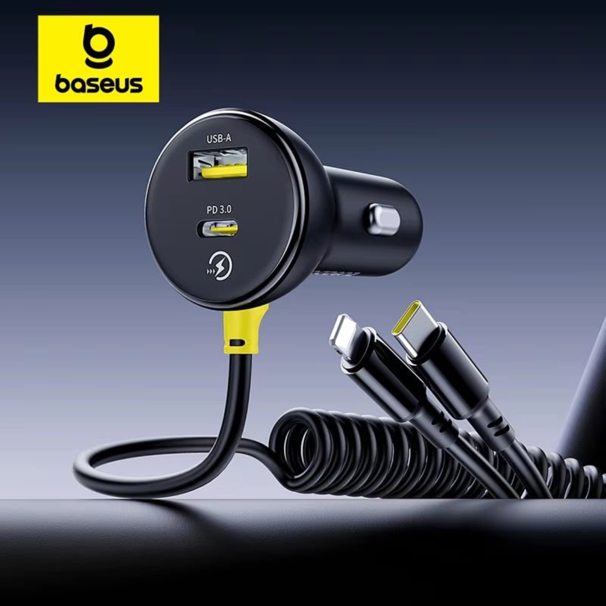 Tẩu sạc nhanh 2 cổng trên ô tô 60W Baseus Circular Plastic Car Charger tích hợp cáp lò xo Type C và iP - Hàng chính hãng