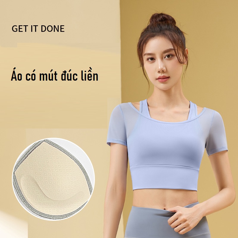 Bộ đồ tập gym, yoga, aerobic, áo croptop ngắn tay có mút đệm và quần dài ôm body, tôn dáng