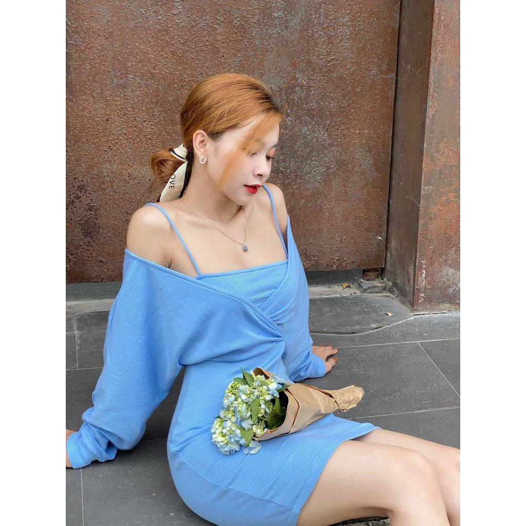 Đầm thun gân tay dài trễ vai