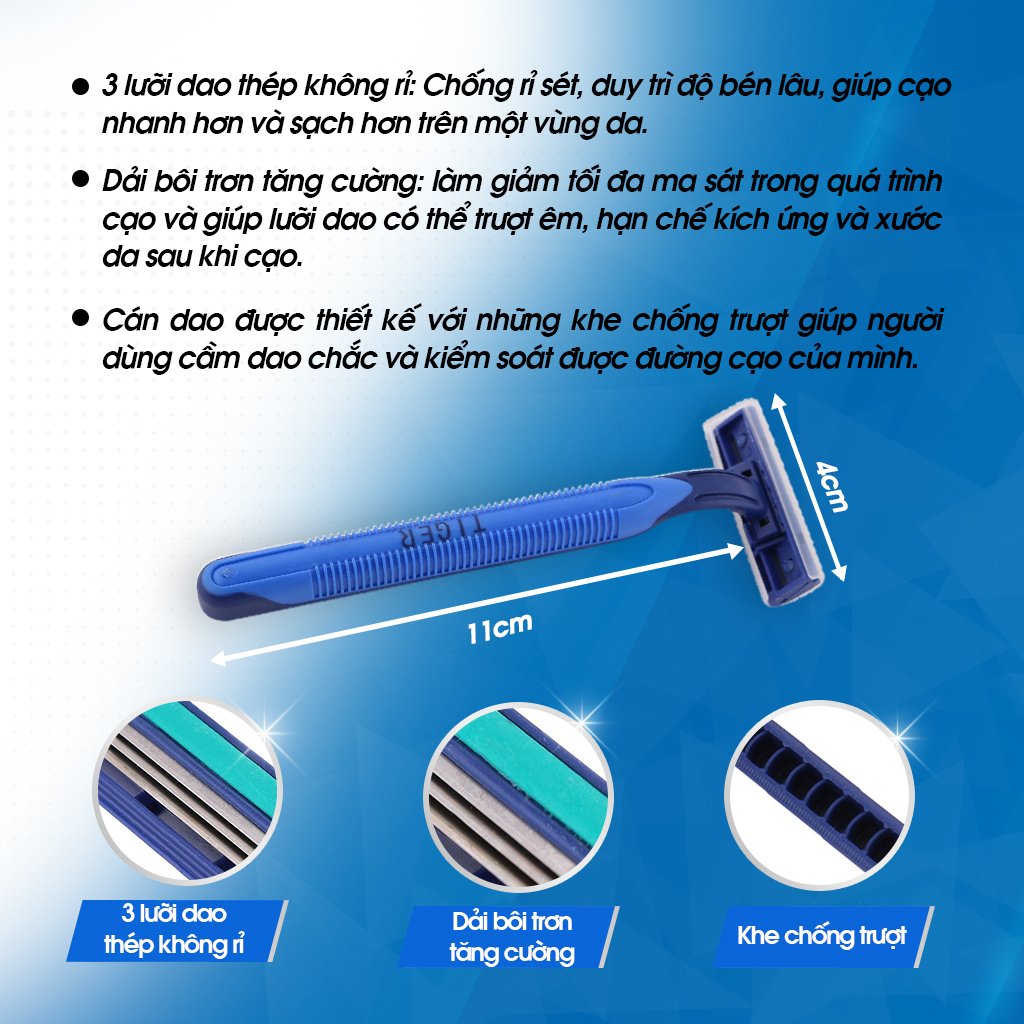 Dao cạo râu 3 lưỡi Tiger We're Men - xài 1 lần tiện lợi mang lên máy bay đi du lịch được, 3 lưỡi dao kép sắt bén, không gỉ sét