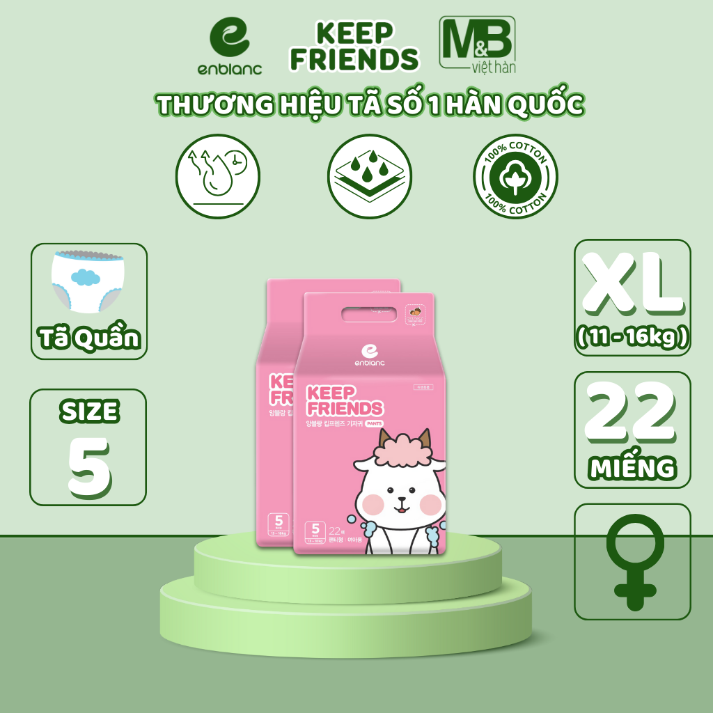 Combo 2 Bịch Tã Quần Hàn Quốc ENBLANC KEEP FRIENDS Thấm Hút Nhanh, Khô Thoáng, Mỏng Nhẹ Cho Bé Gái Size XL 22 MIẾNG
