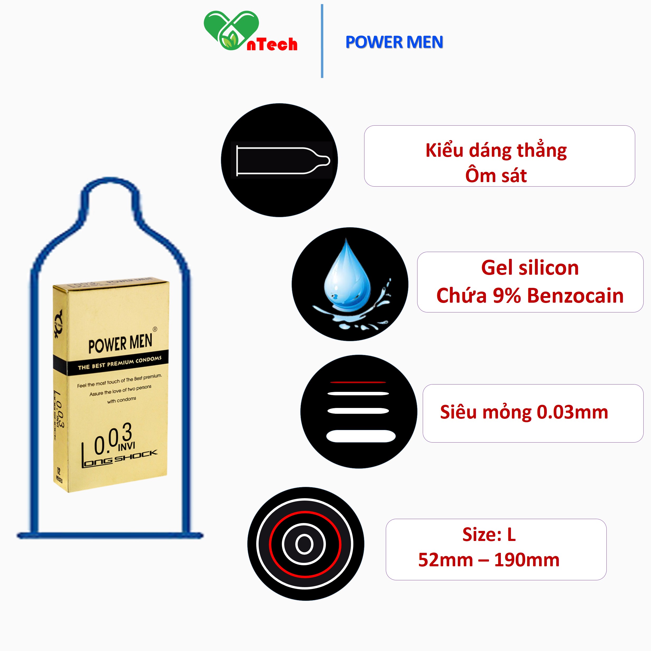 Bao cao su POWER MEN 0.03 INVI điệp viên tàng hình 0.03 siêu mỏng kéo dài thời gian hạn chế xuất tinh sớm hộp 12 chiếc