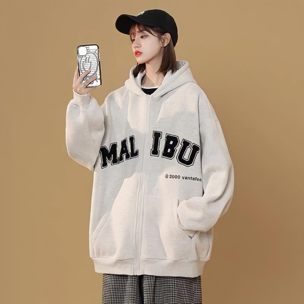 Áo Hoodie Zip Nỉ Ngoại Nam Nữ Dáng Thụng In Chữ MALIBU