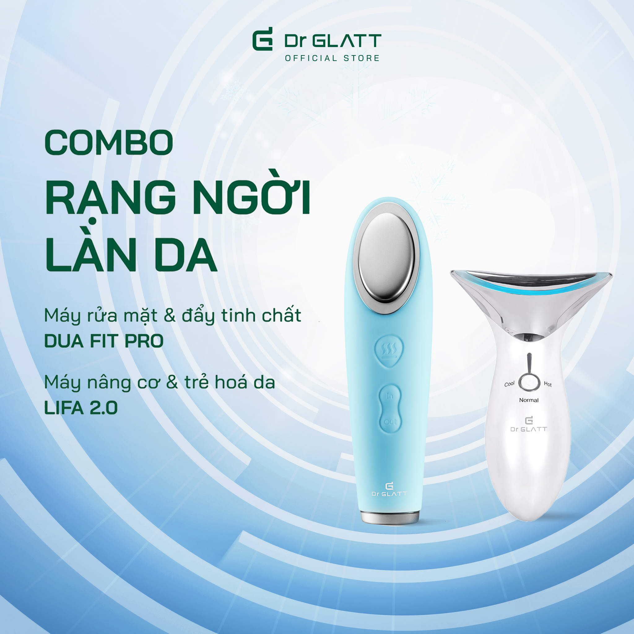 Combo Rạng ngời làn da Dr Glatt Máy rửa mặt, đẩy tinh chất Dua Fit Pro và Máy nâng cơ, trẻ hóa da Lifa 2.0