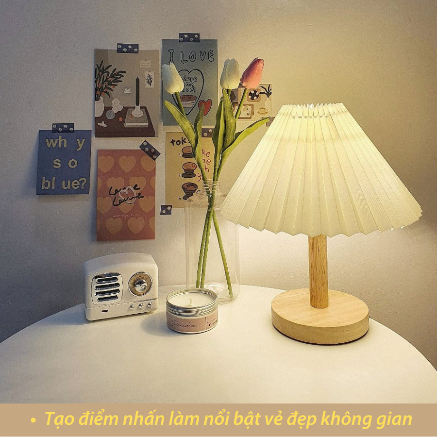 Đèn Ngủ Để Bàn HUTA G5 Gỗ Chao Xếp Ly Vintage Dễ Thương, Decor Trang Trí Phòng Ngủ, Đọc Sách Đầu Giường, Điều Chỉnh Độ Sáng, Đèn Vàng Bóng LED Tiết Kiệm Điện