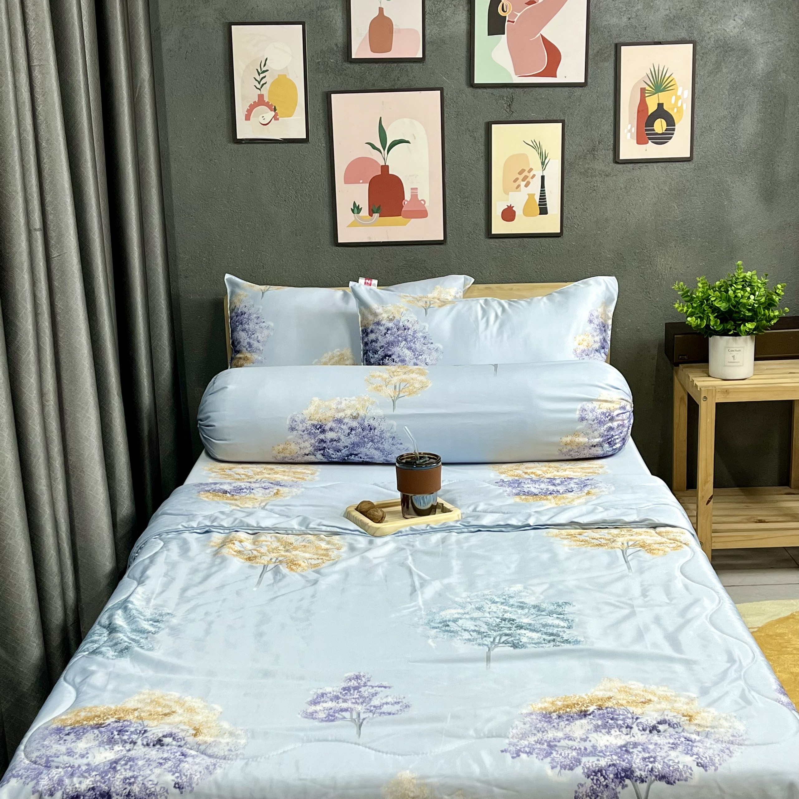 Bộ Chăn Ga Gối Đệm Phi Lụa Tencel Bộ Chăn Ga 5 Món Drap Giường 