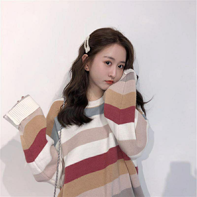 (Có sẵn) Áo len nữ thu đông màu sọc cổ tròn phong xách Hàn Quốc