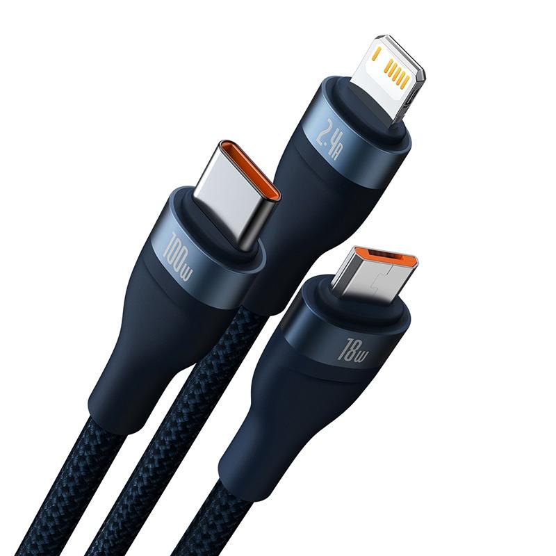 Cáp sạc nhanh 3 đầu Baseus Flash Series 2 Fast Charging Data Cable USB to M+L+C 100W (Hàng chính hãng)