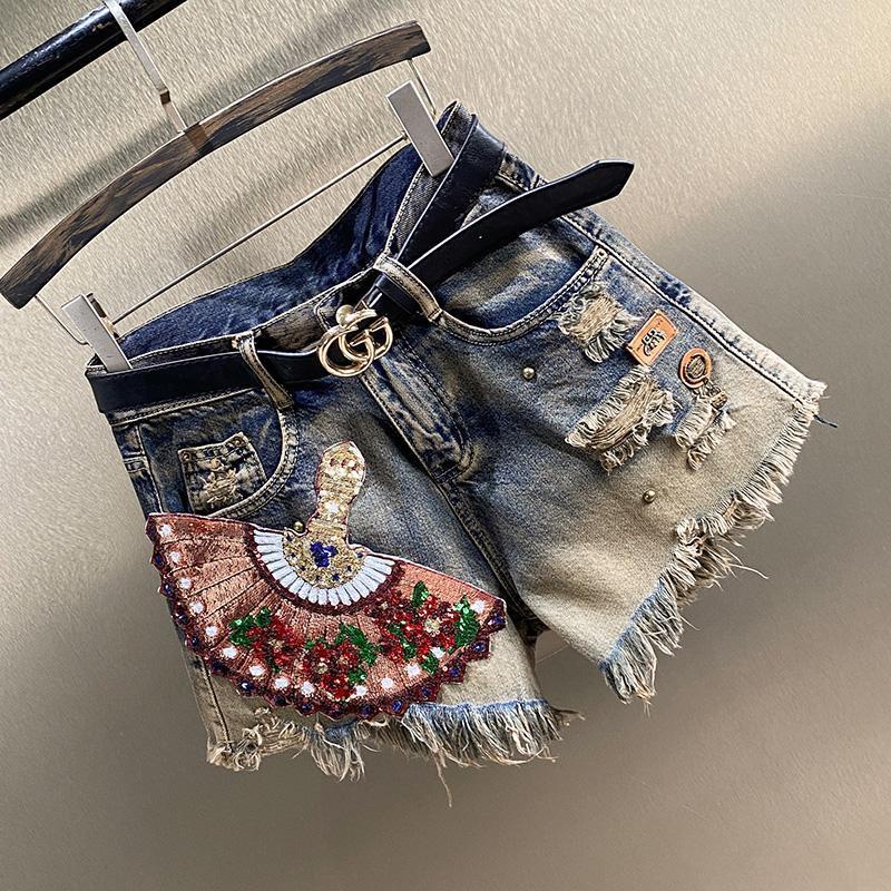 Quần Short Denim Ống Rộng Đính Đá Kiểu Retro Châu Âu Cá Tính Cho Nữ