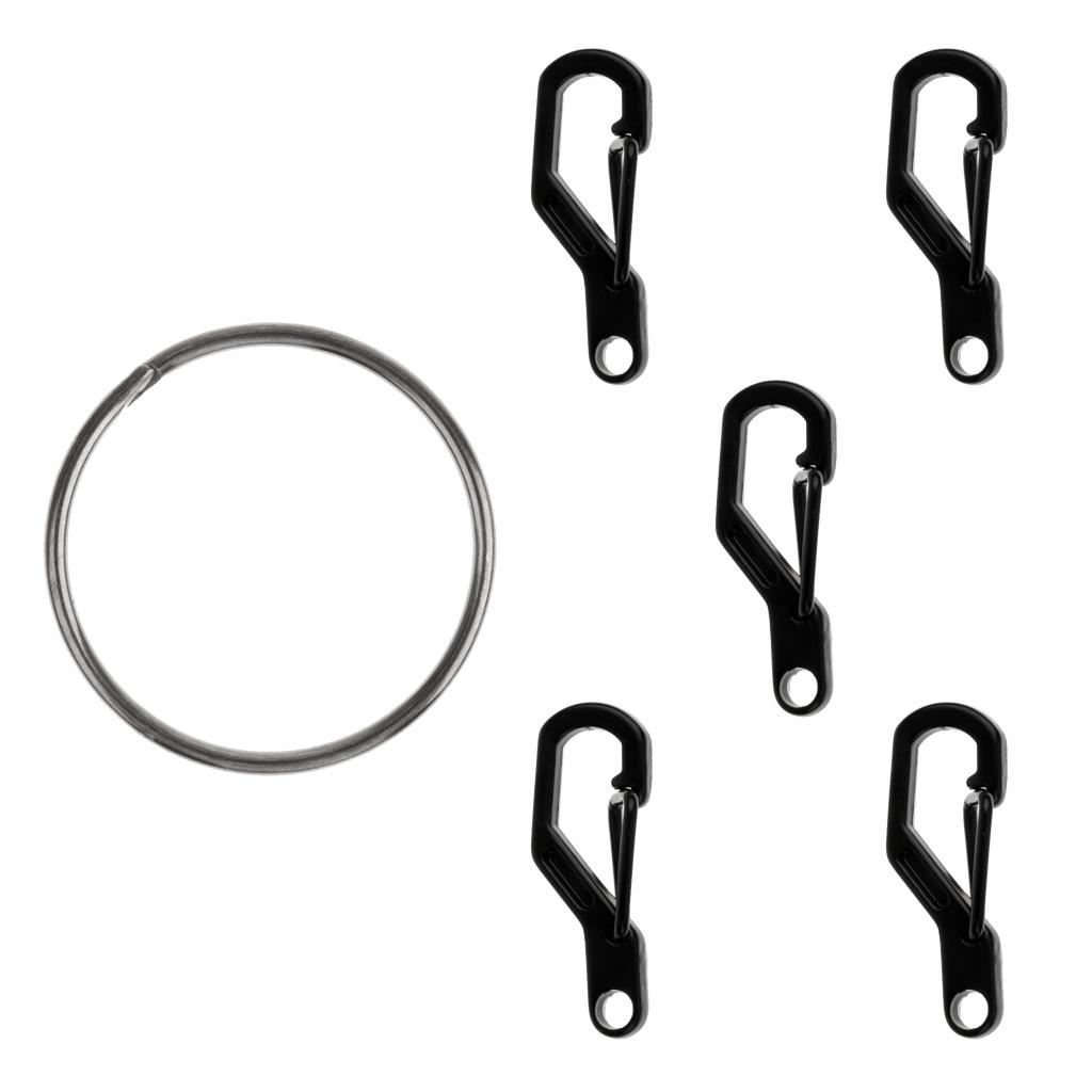 Black Quick Release Ring + 5pcs Spring Snap Keychain Clip Hook Hiking Buckle