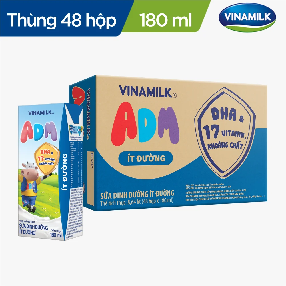 THÙNG 48 HỘP SỮA DINH DƯỠNG VINAMILK ADM ÍT ĐƯỜNG 180ML