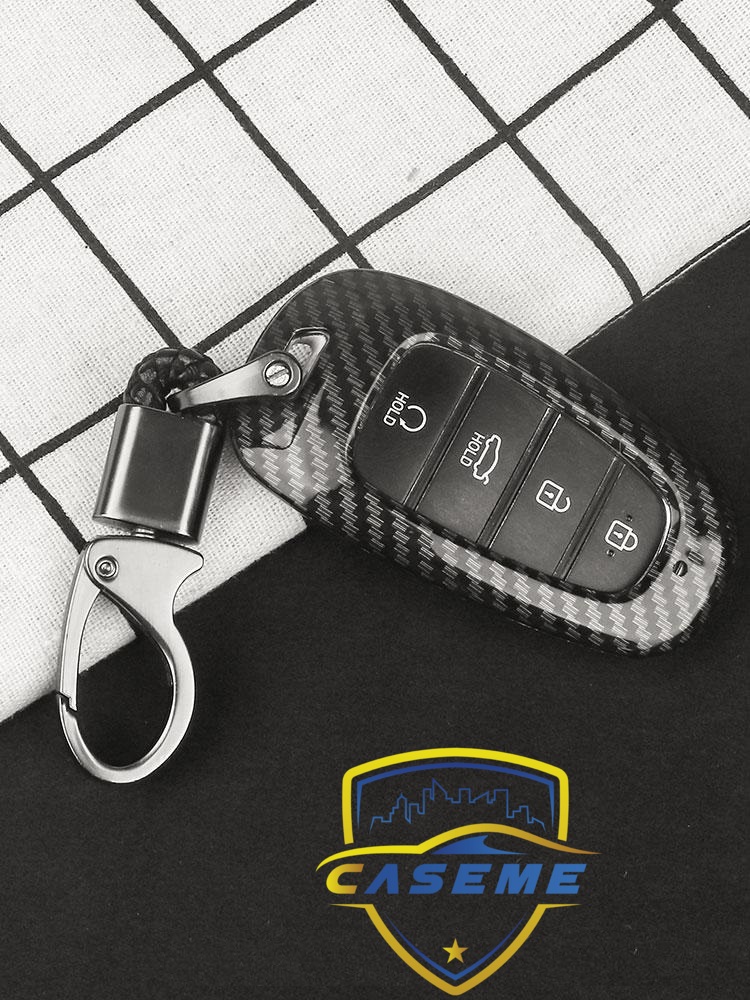 Ốp nhựa carbon lót silicon bảo vệ chìa khóa xe Hyundai Santafe 2021 kèm móc đeo INOX