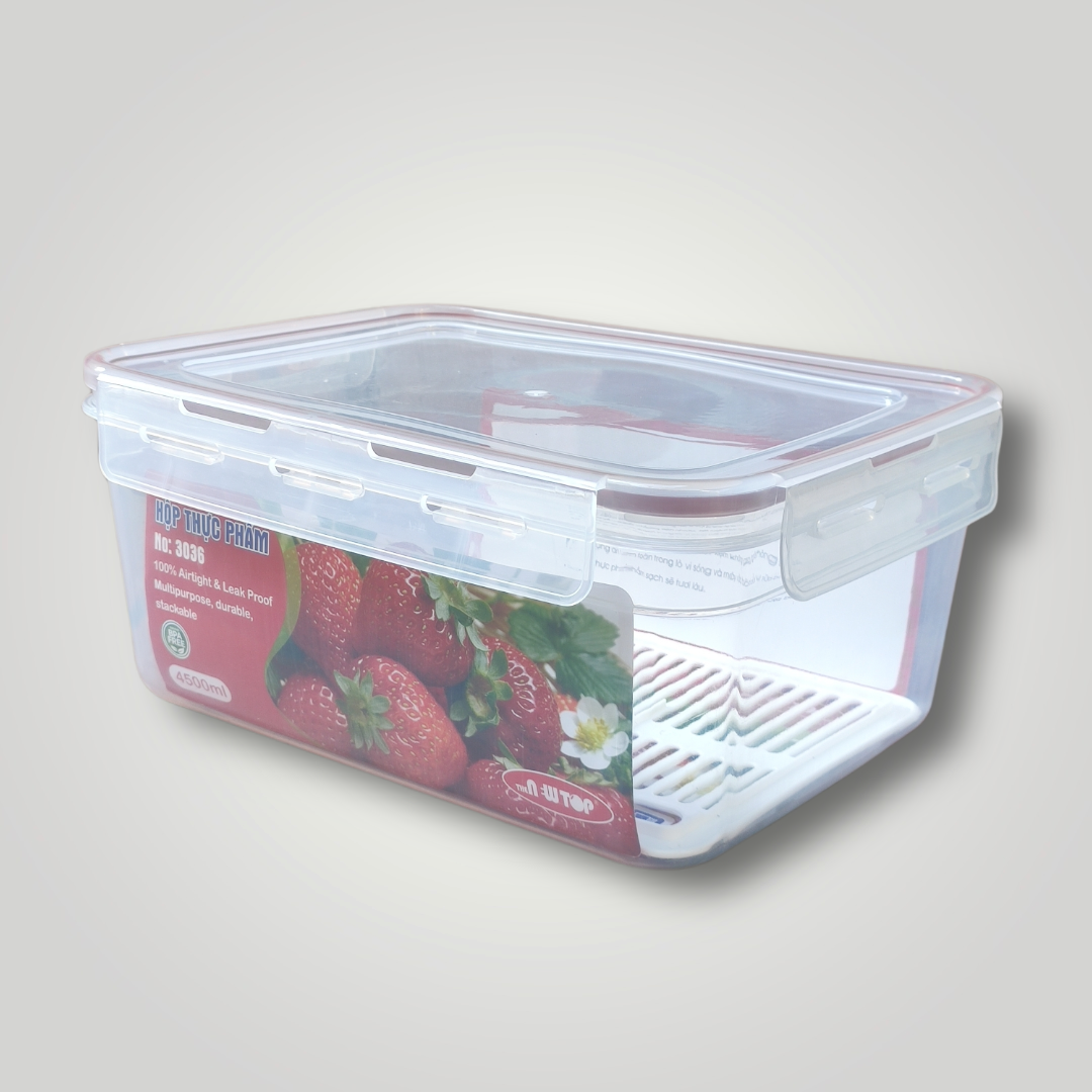 Hộp thực phẩm chữ nhật 4 khóa hàn quốc cao cấp nắp kín có khay chống ẩm, 4500ml