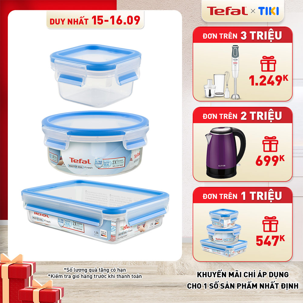 Bộ 3 hộp nhựa tròn, hộp nhựa vuông Tefal Masterseal Fresh 850ml, 0.2L, 1.2L - xanh