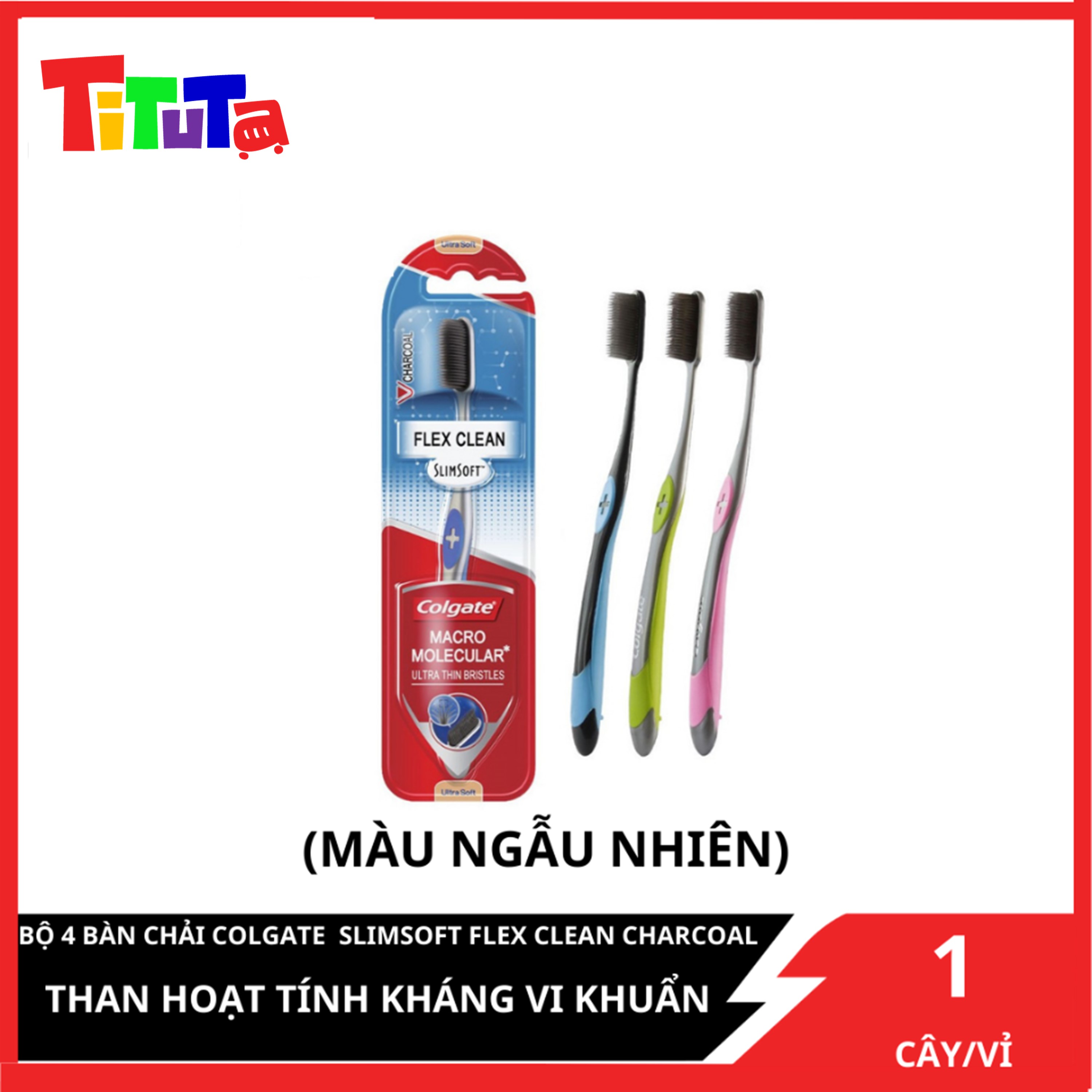 Bộ 4 bàn chải Colgate than hoạt tính kháng vi khuẩn Slimsoft Flex Clean Charcoal nguyên khối (Màu ngẫu nhiên)