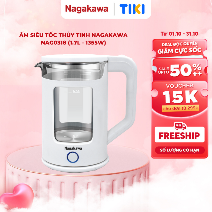 Ấm siêu tốc thủy tinh Nagakawa NAG0318 (1.7 Lít - 1355W) - Hàng chính hãng