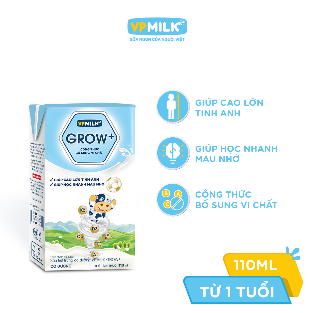 Sữa Tiệt Trùng Có Đường VPMilk Grow+ Hộp 110ml (Thùng 48 Hộp)