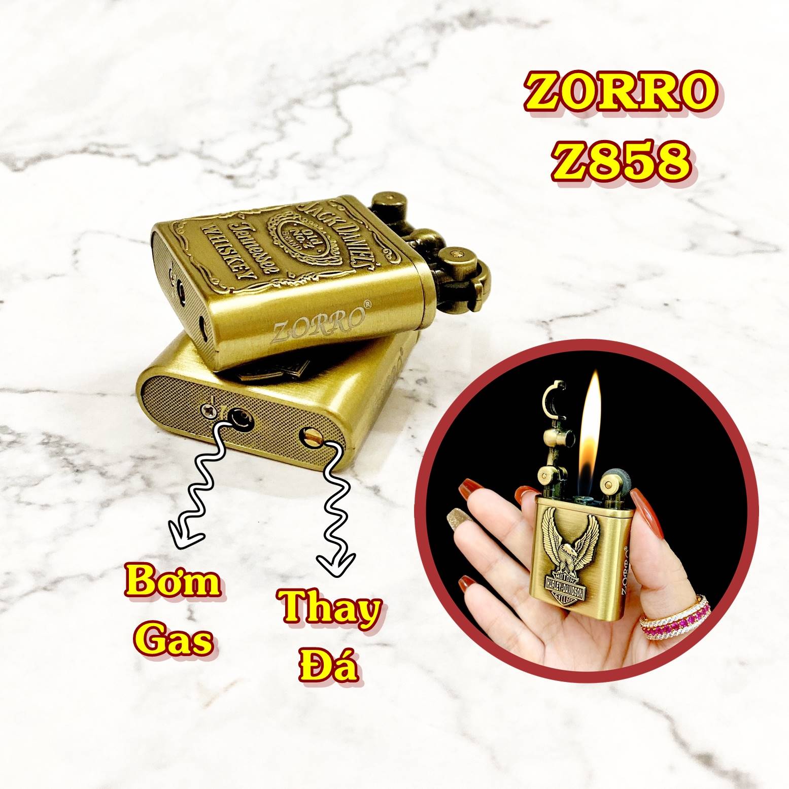 Hộp quẹt bật lửa gas đá rãnh tay Zorro Z858 - (xài gas