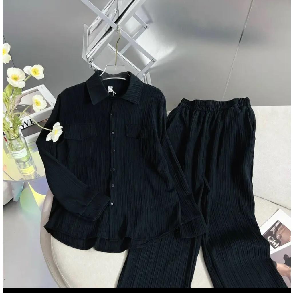 FREESHIP Sét bộ nữ sơ mi tay dài phối túi mix quần dài suông kiểu dáng sang trọng duyên dáng
