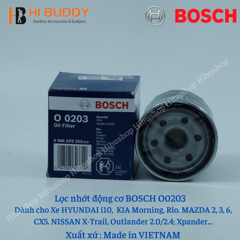 Lọc nhớt BOSCH O0203 Hyundai I10; Kia Morning, Rio; Mazda 2/3/6/CX5/CX8; Mitsubishi Xpander, Outlander..