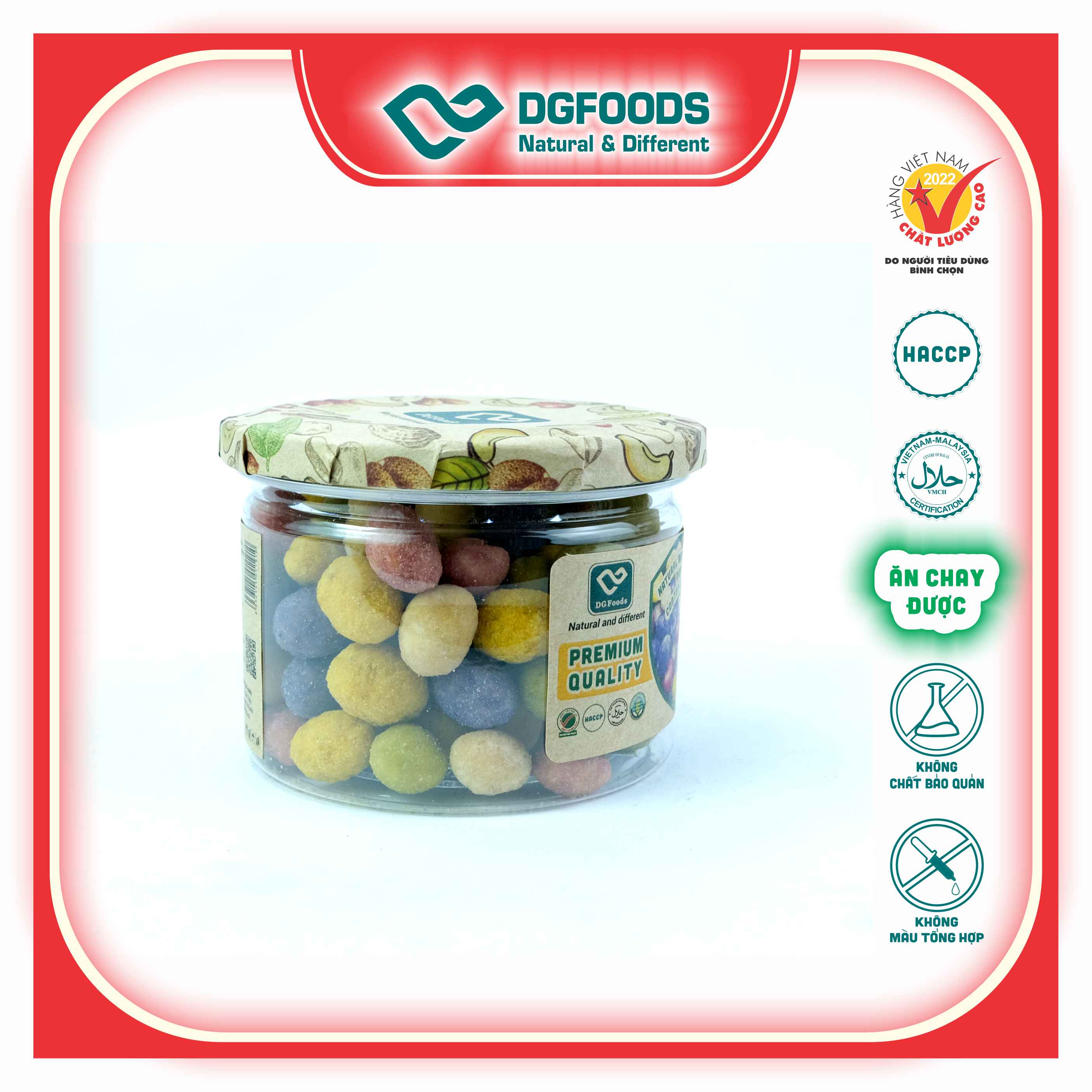 Đậu Phộng Sầu Riêng đa sắc DGfoods 120g/ Natural multicolored durian coated peanuts/ Hũ nắp nhôm, HVNCLC, Haccp, Halal, Ăn chay, Ăn kiêng, Đặc sản Cần Thơ, quà tặng, quà Tết, hạt dinh dưỡng