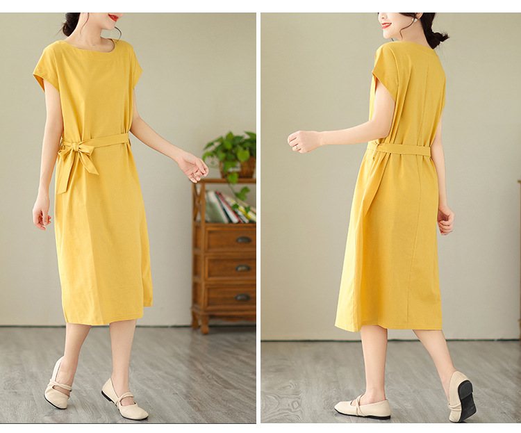 Đầm suông Linen thiết kế cơ bản cổ tròn tay lỡ đai rời, chất vải Linen Hàn mềm mát Đũi Việt
