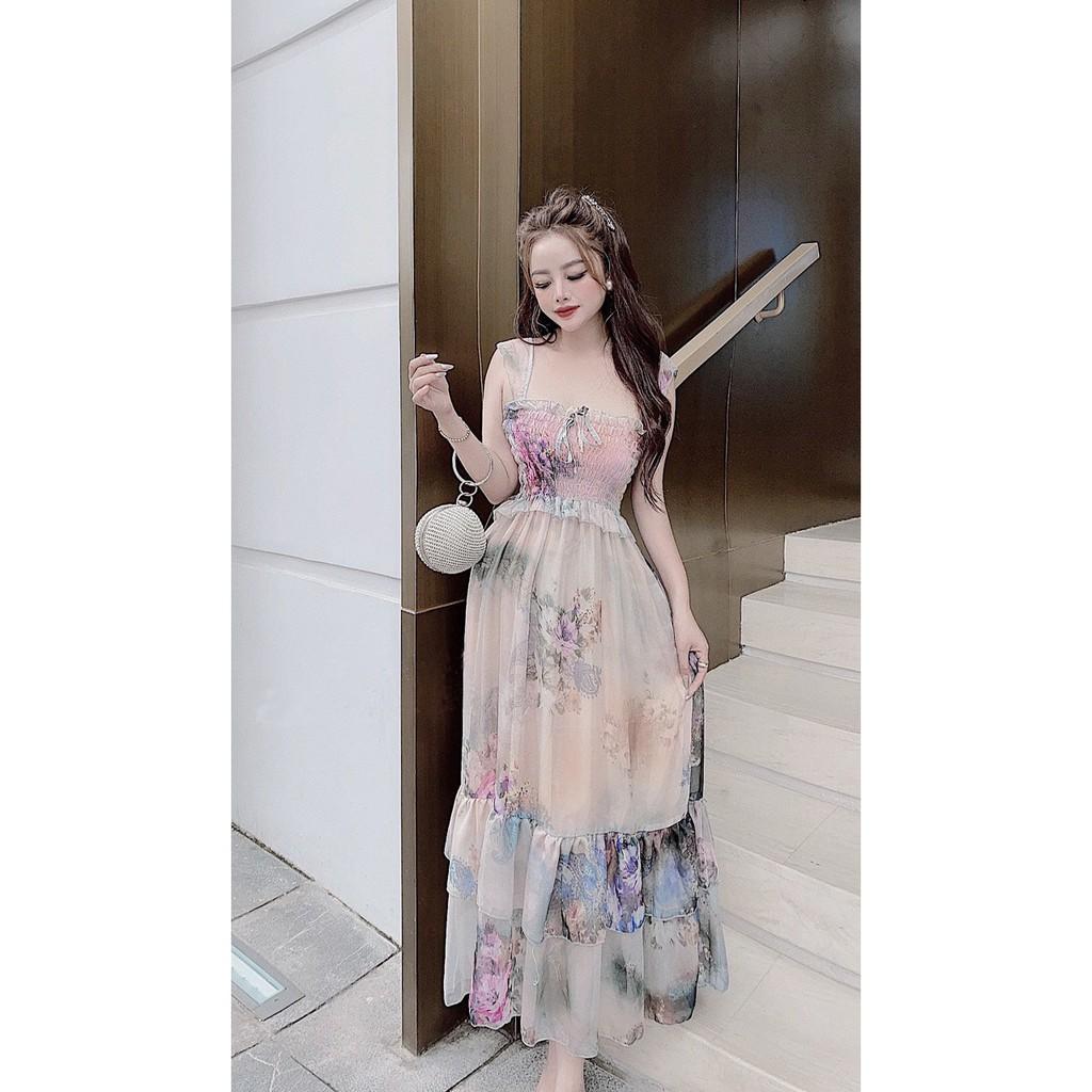 Đầm Maxi 2 Dây Bèo Nhún Ngực Bo Eo Đuôi Tầng Họa Tiết Hoa - Vải Chiffon - 2 Màu Hồng, Cam - Dành Cho Nàng Đi Dạo