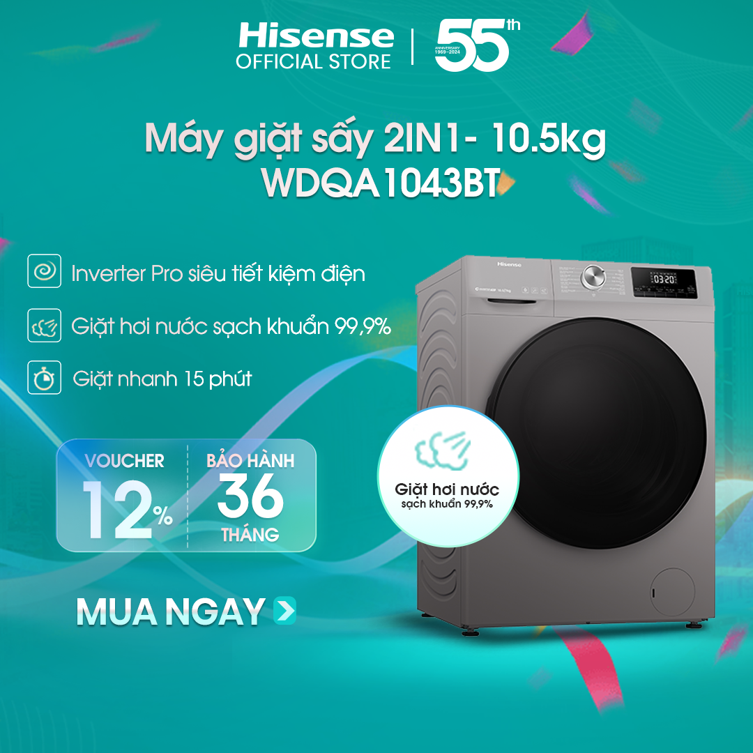 Máy giặt sấy 2IN1 Hisense Inverter 10.5kg WDQA1043BT sạch khuẩn 99.9%, bảo hành 3 năm - HÀNG CHÍNH HÃNG
