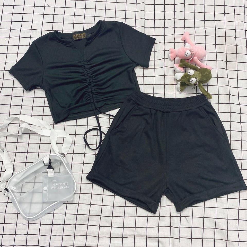 Set Áo Croptop Dây Rút Kèm Short Ulzzang (2 Màu) - D21