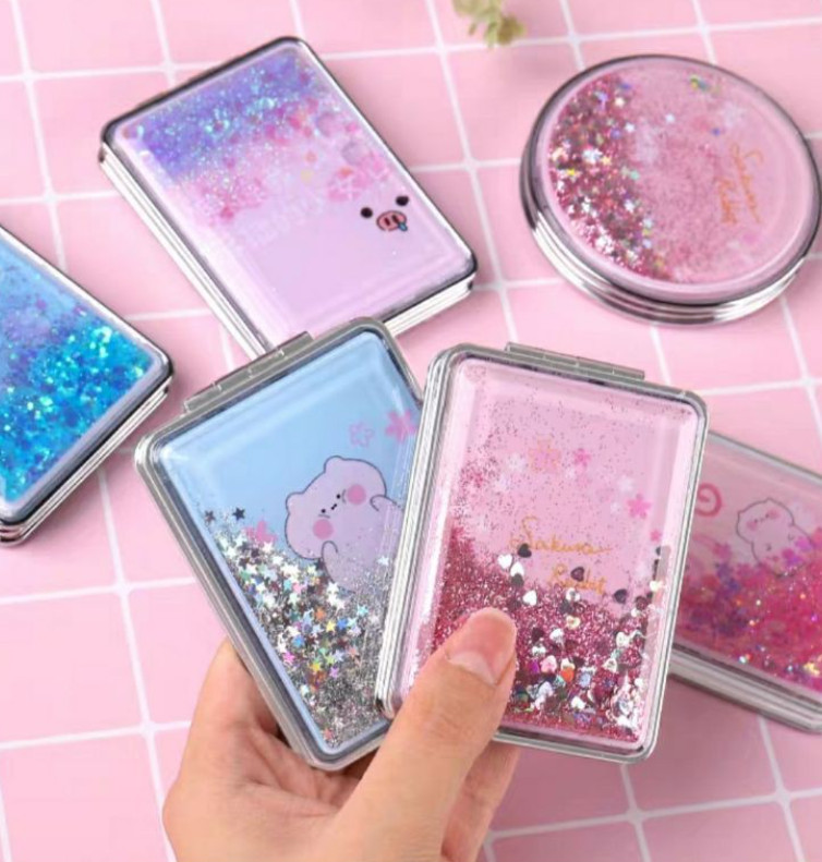 Gương Mini Chữ Nhật Gấp Gọn 2 Mặt Rắc Kim Tuyến