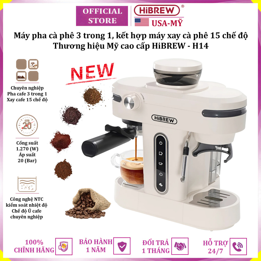 Máy pha cà phê bán tự động 3 trong 1 tích hợp xay cà phê 15 chế độ thương hiệu Mỹ cao cấp HiBREW H14 - Hàng Nhập Khẩu