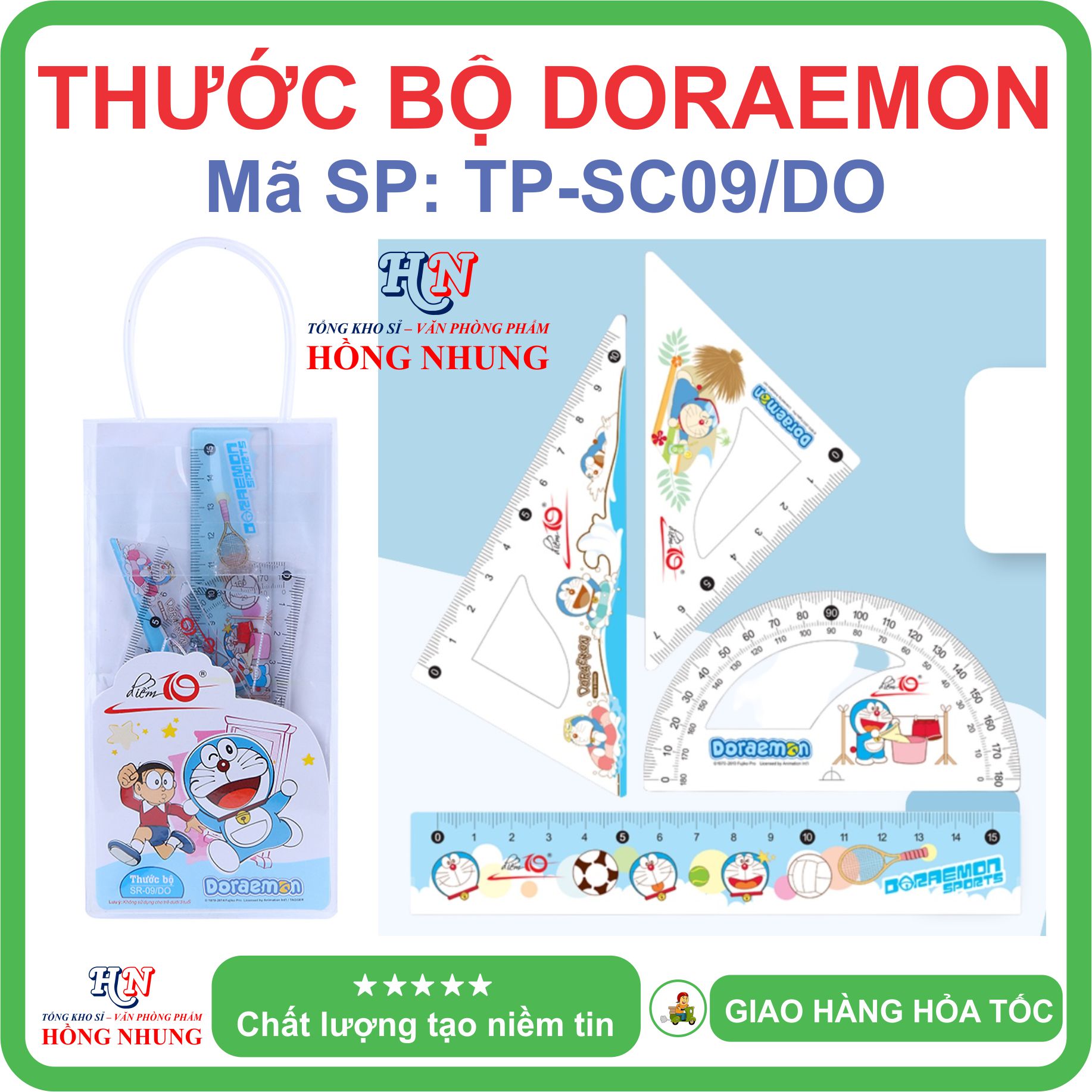 [SALE] Thước bộ Doraemon TP-SR09/DO , phù hợp với học sinh để đo đường thẳng và đo góc.