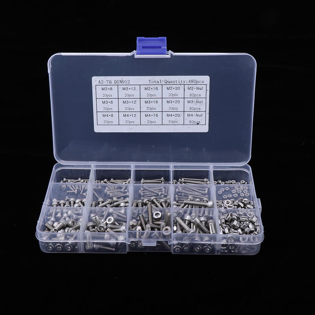Pack of 480 Hex Screws Nuts Set in 15 Grids Plastic Case Stainless Steel